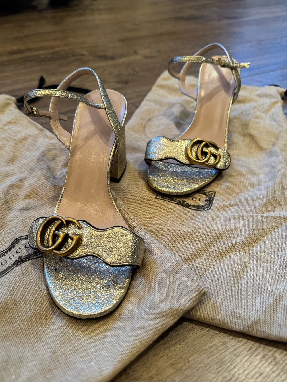 Gucci Metallic Gold GG Double-G Ankle Strap Block Heels